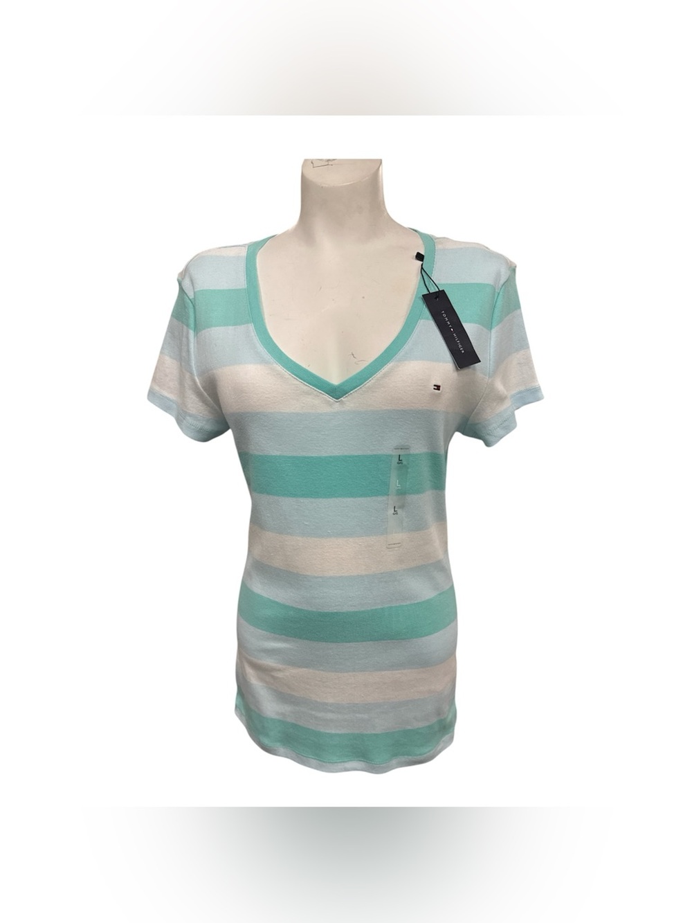 Tommy Hilfiger NWT Mint Green & White Striped V-Neck Tee Size L